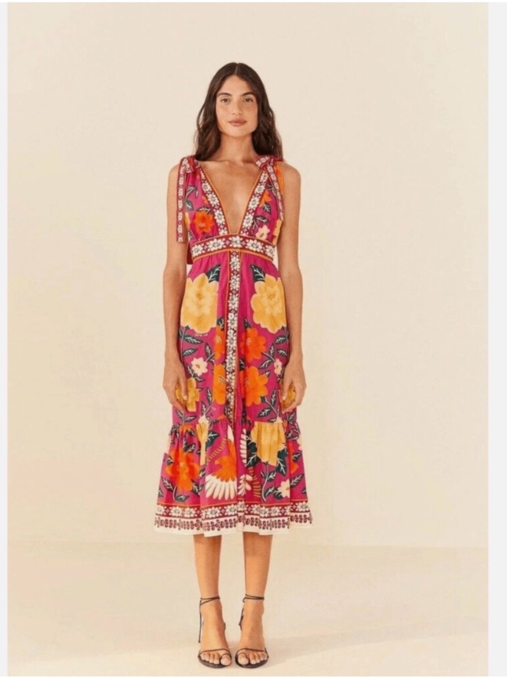 FARM Rio Pink Floral Midi Dress with Yellow & Orange Blooms